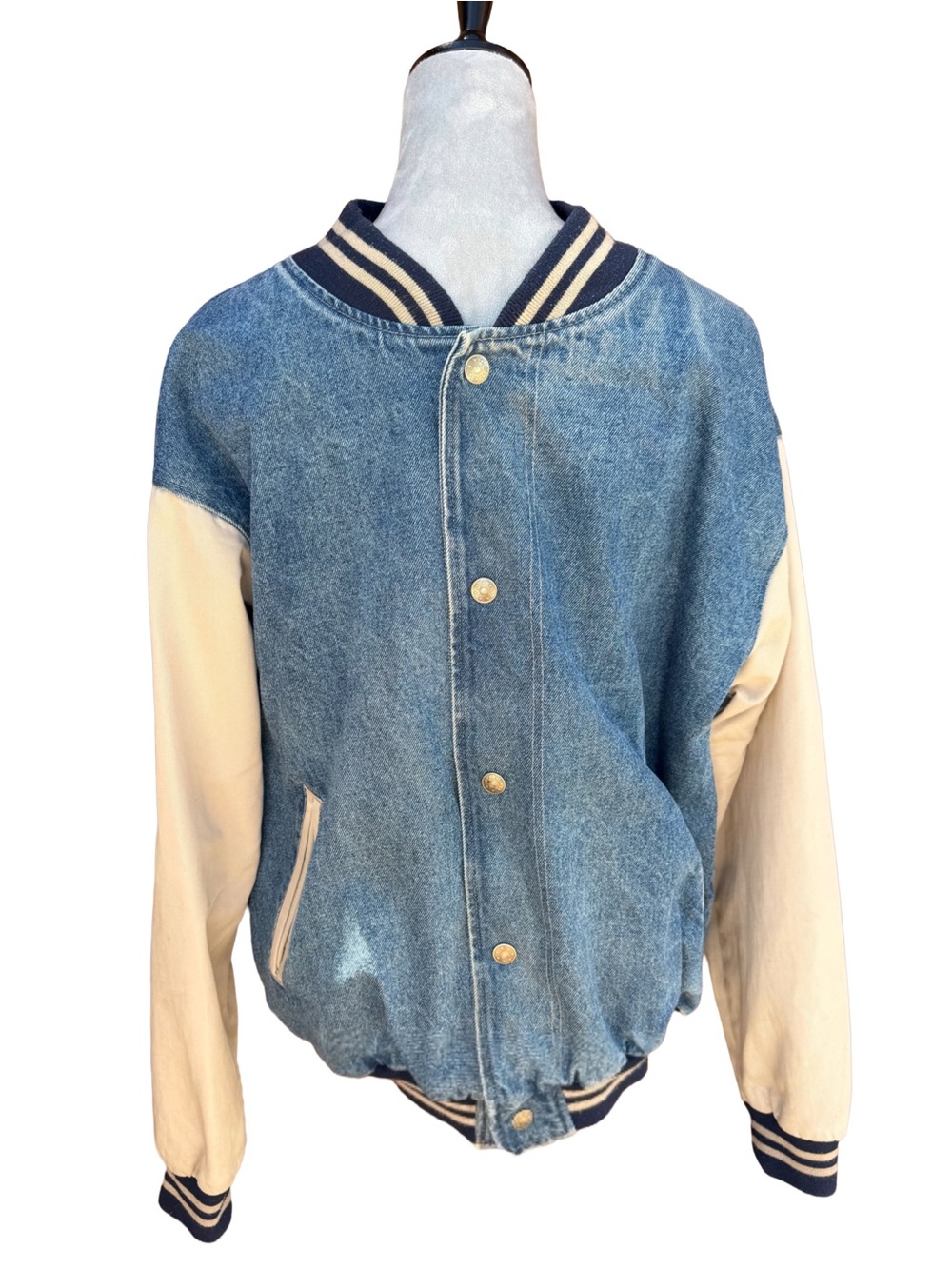 Vintage 90s Hartwell Cotton Denim Varsity Bomber Jacket - Mens Large Distressed